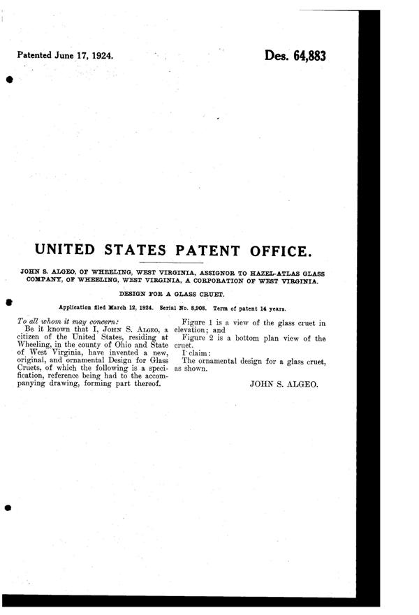 Hazel-Atlas #G-K-802 Cruet Design Patent D 64883-2
