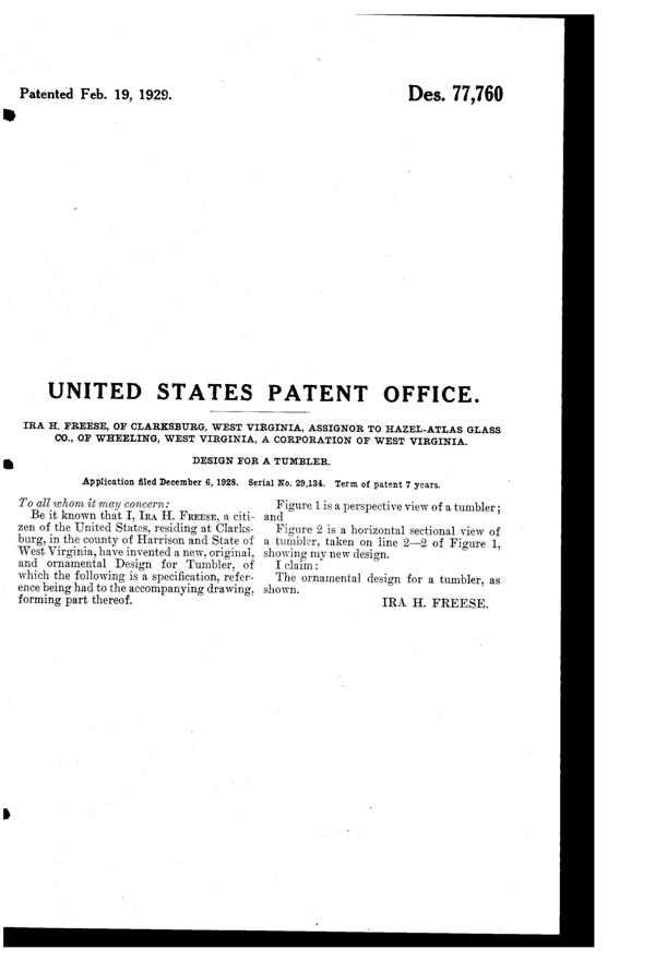 Hazel-Atlas Georgian Tumbler Design Patent D 77760-2
