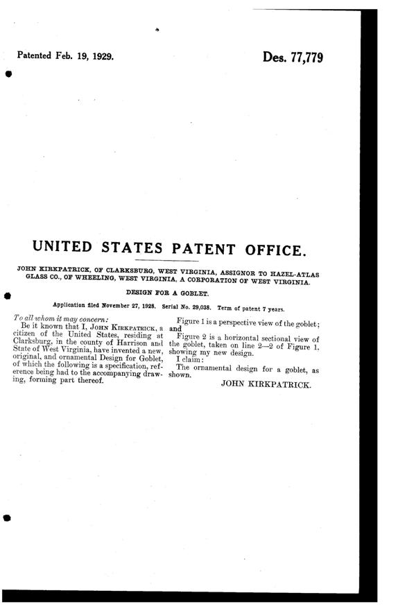 Hazel-Atlas Colonial Block Goblet Design Patent D 77779-2