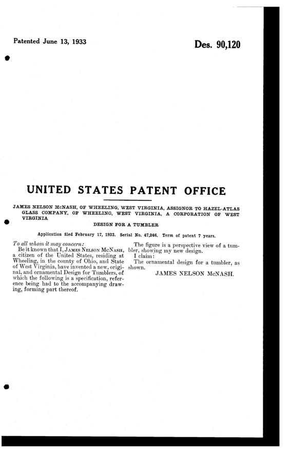 Hazel-Atlas #1709 Tumbler Design Patent D 90120-2