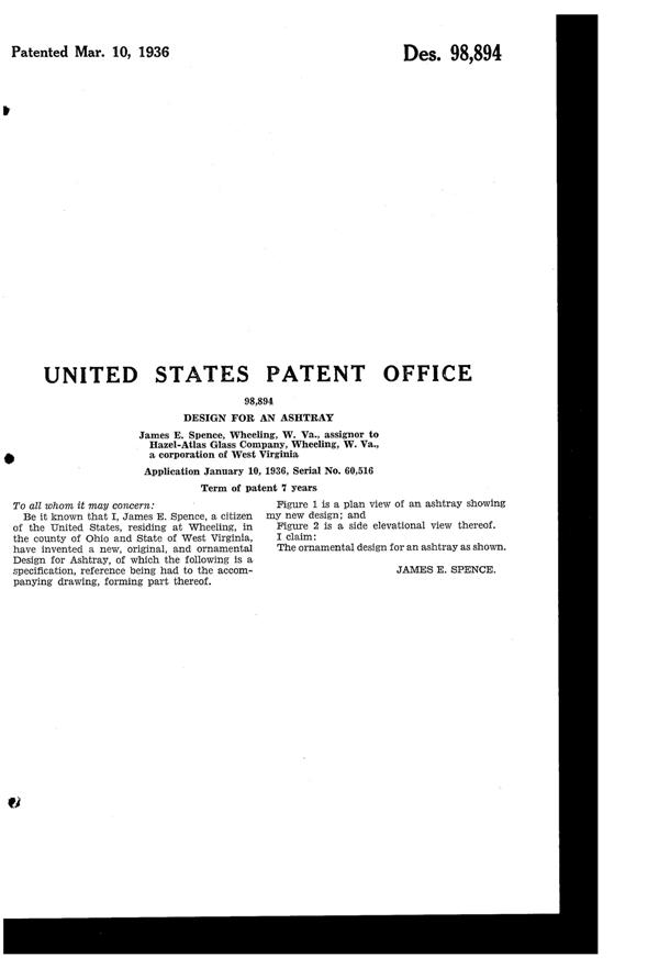 Hazel-Atlas Moderntone Ash Tray Design Patent D 98894-2