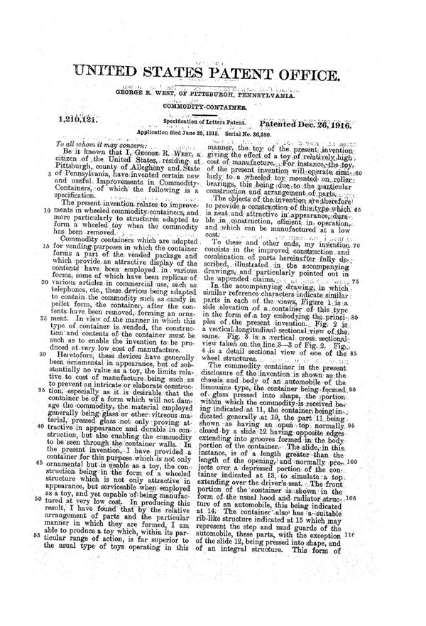 Westmoreland Limousine Candy Container Patent 1210121-2