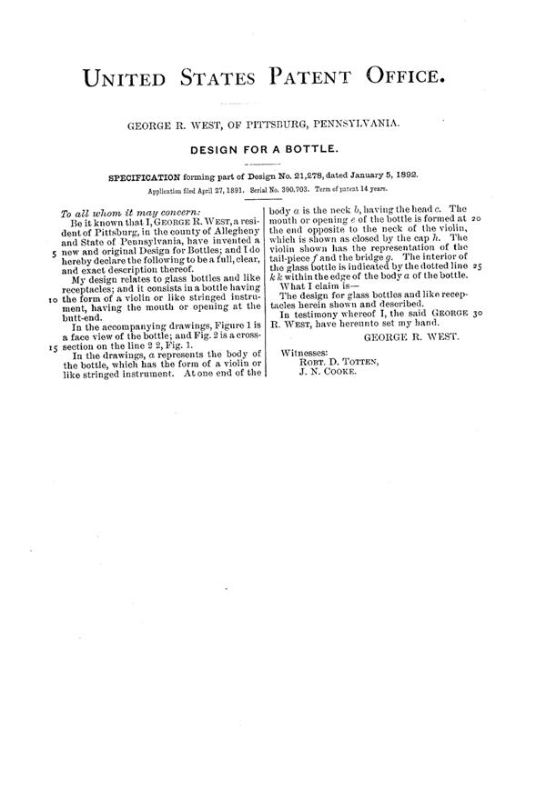 Westmoreland Violin Bottle Design Patent D 21278-2