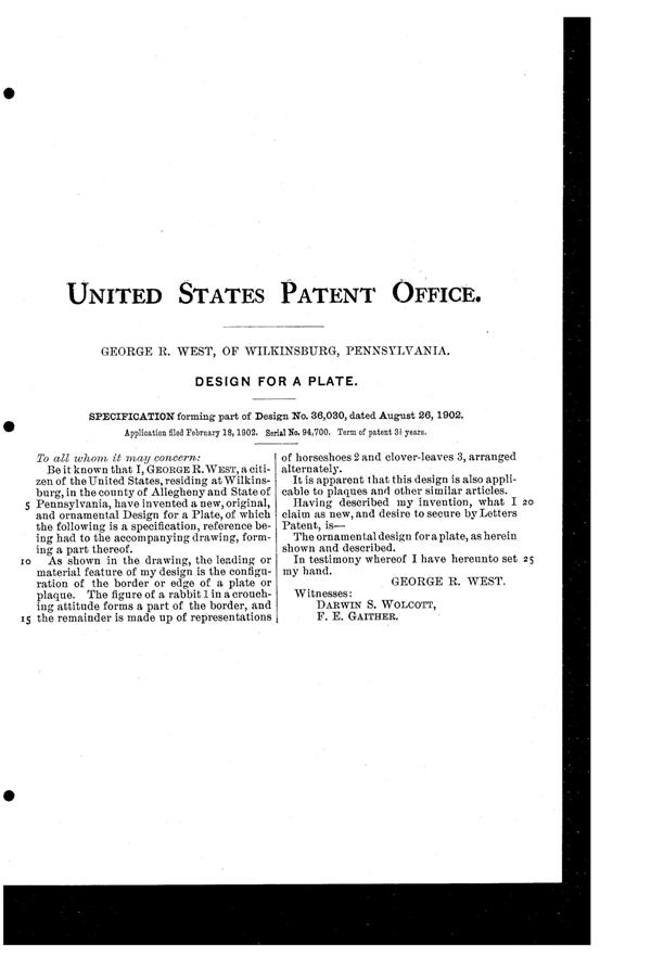 Westmoreland #   7 Rabbit Plate Design Patent D 36030-2