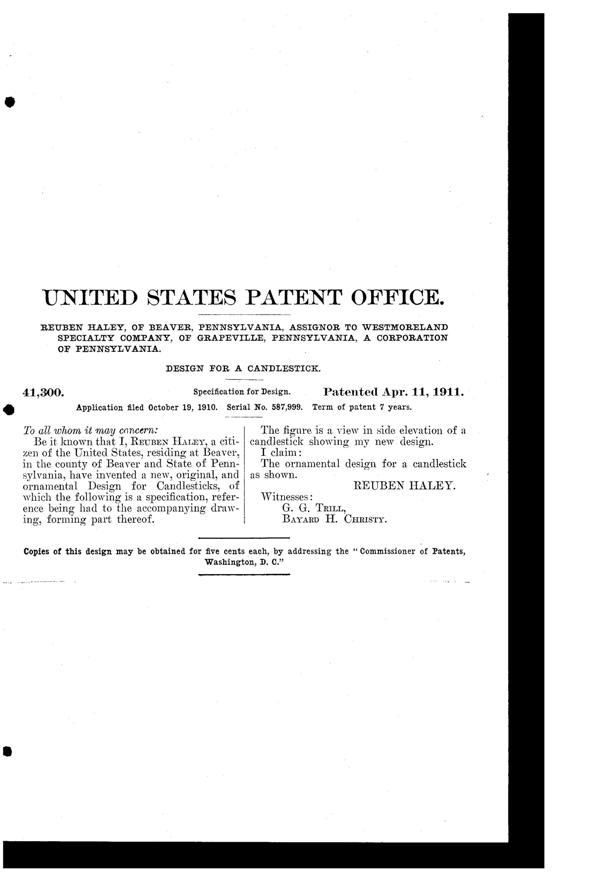 Westmoreland Candlestick Design Patent D 41300-2