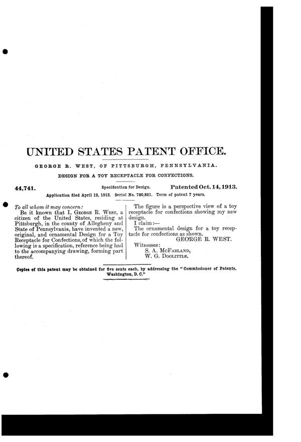 Westmoreland Limousine Candy Container Design Patent D 44741-2