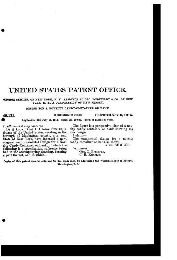 Westmoreland Charlie Chaplin Candy Container/Bank Design Patent D 48131-2