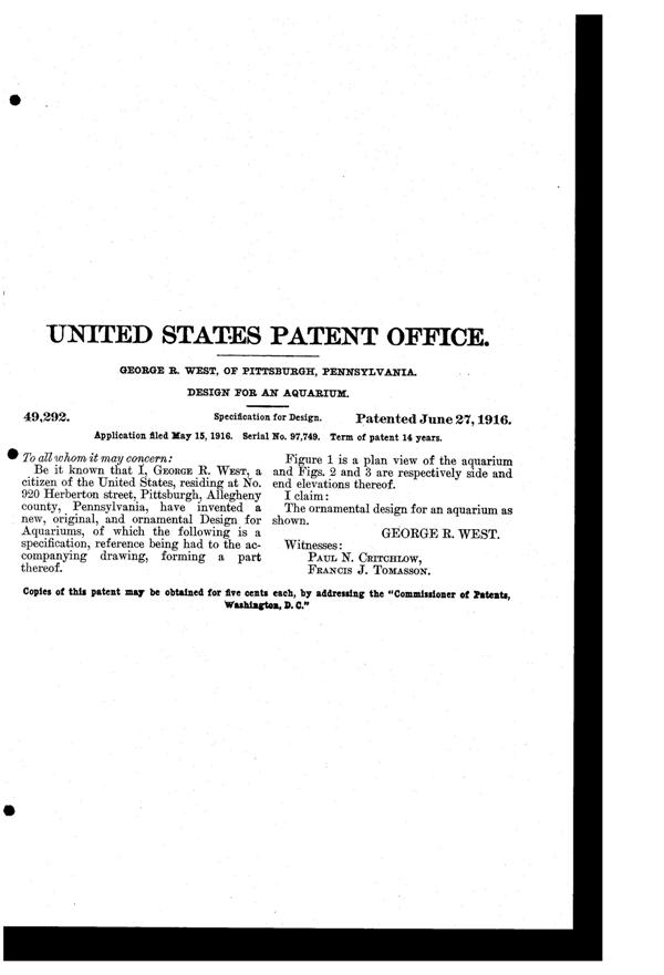 Westmoreland Aquarium Design Patent D 49292-1