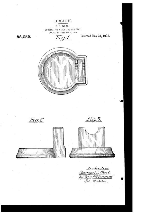 Westmoreland Ash Tray Design Patent D 58052-1