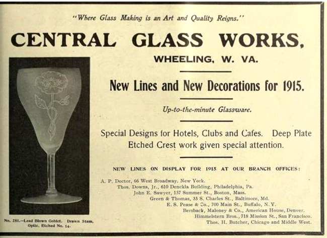 Central Glass Works # 281 Stem w/ Poppy Etch Advertisement