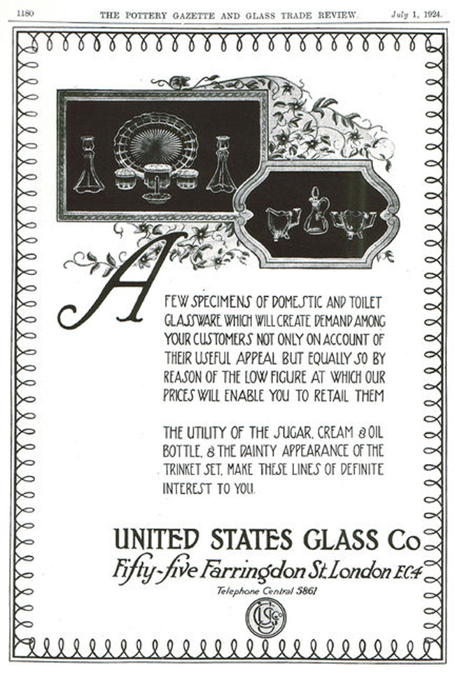 U. S. Glass Three-Footed Cream, Sugar, Cruet Advertisement
