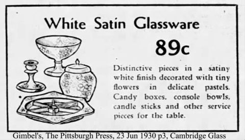 Cambridge White Satin Glassware Advertisement