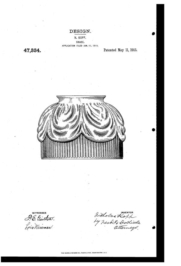 Pittsburgh Lamp, Brass & Glass Light Fixture Shade Design Patent D 47334-1