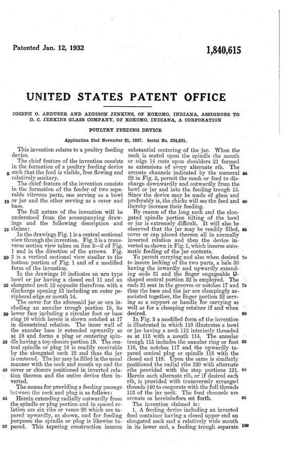 Jenkins #114 Chick Feeder Patent 1840615-2