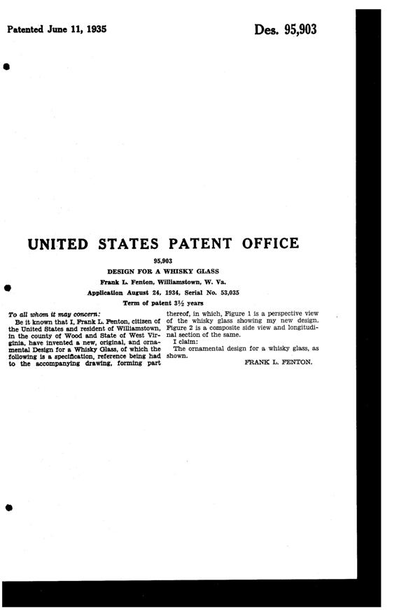 Fenton #  35 Tumbler Design Patent D 95903-2