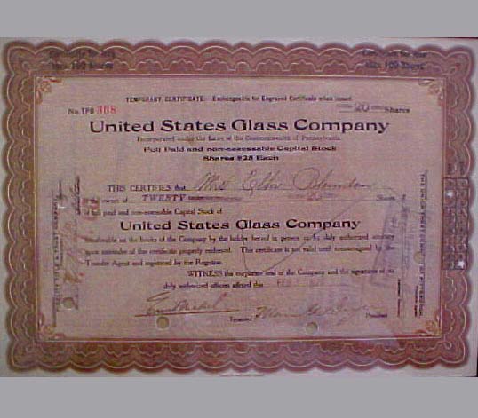 U. S. Glass Stock Certificate