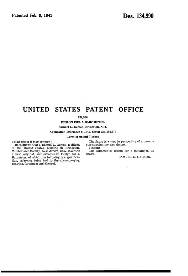 Dell Violin Barometer Design Patent D134990-2
