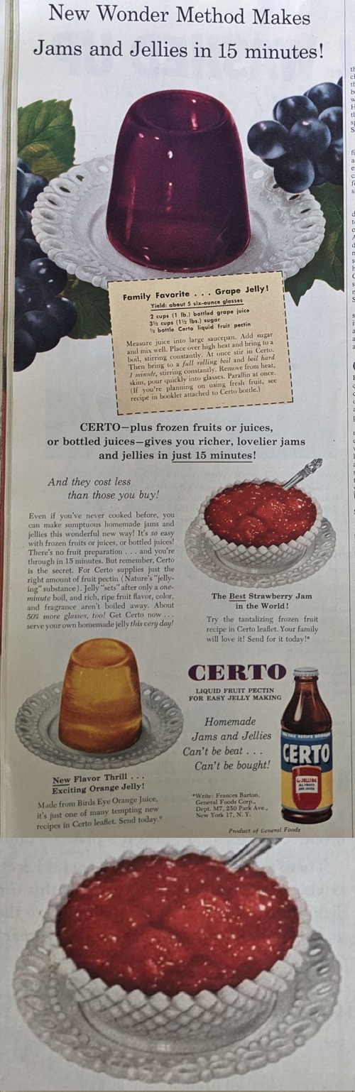 Certo Liquid Pectin Ad Featuring Westmoreland Milk Glass English Hobnail Bowl and Unknown Plate