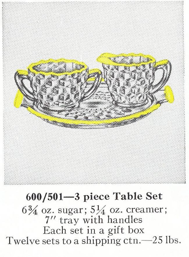 Jeannette Gold-Trimmed # 600/501 Creamer, Sugar & Tray Catalog Page
