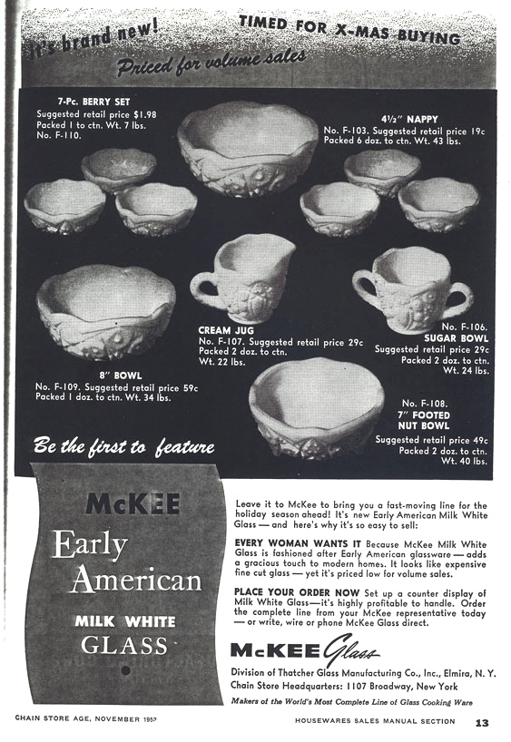 McKee Milk Glass Advertisement, Chain Store Age, 1952