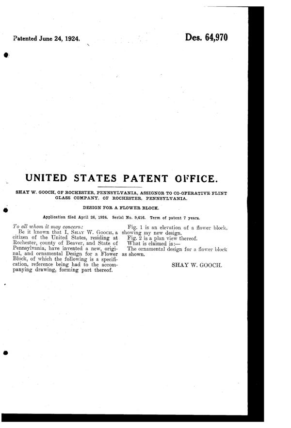 Co-Operative Flint Flower Frog & Bowl Design Patent D 64970-2