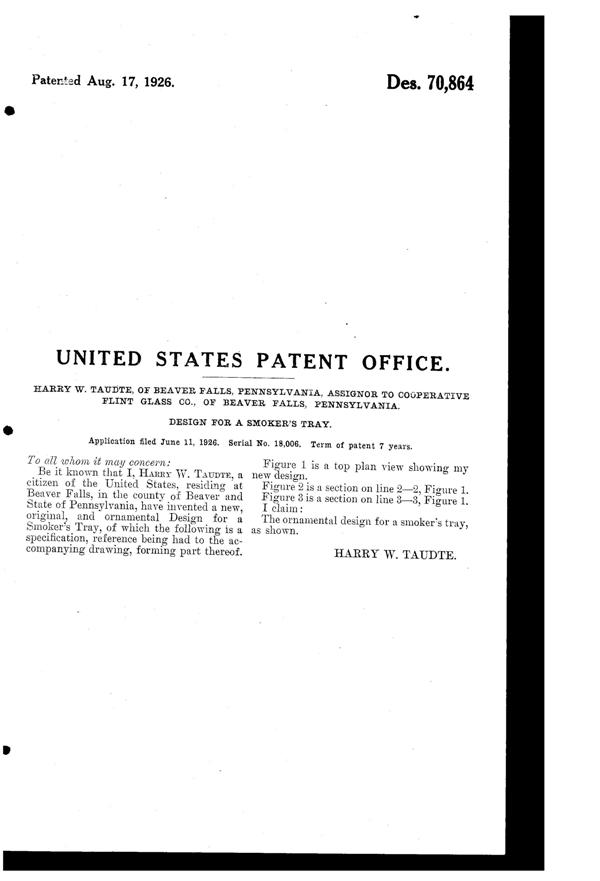 Co-Operative Flint Ash Tray Design Patent D 70864-2