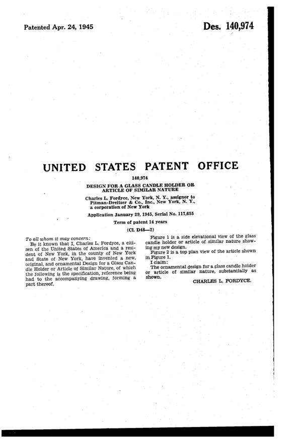 Pitman-Dreitzer Jewel Candleholder Design Patent D140974-2