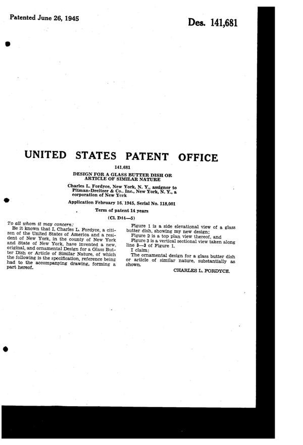 Pitman-Dreitzer Jewel Covered Butter Dish Design Patent D141681-2