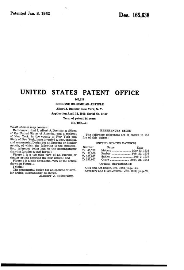 Pitman-Dreitzer Epergne Design Patent D165638-2