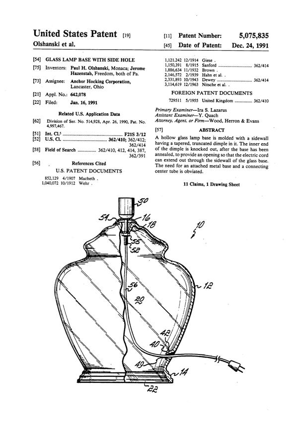 Anchor Hocking Lamp Base Patent 5075835-1