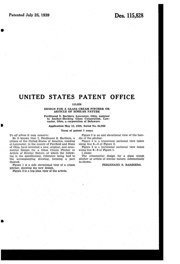 Anchor Hocking Creamer Design Patent D115828-2