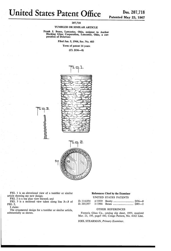 Anchor Hocking Soreno Tumbler Design Patent D207718-1