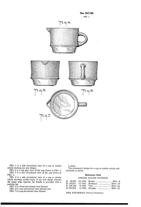 Anchor Hocking Athena Cup & Creamer Design Patent D207786-2
