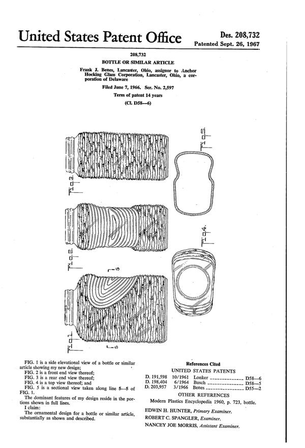 Anchor Hocking Soreno Refrigerator Bottle Design Patent D208732-1