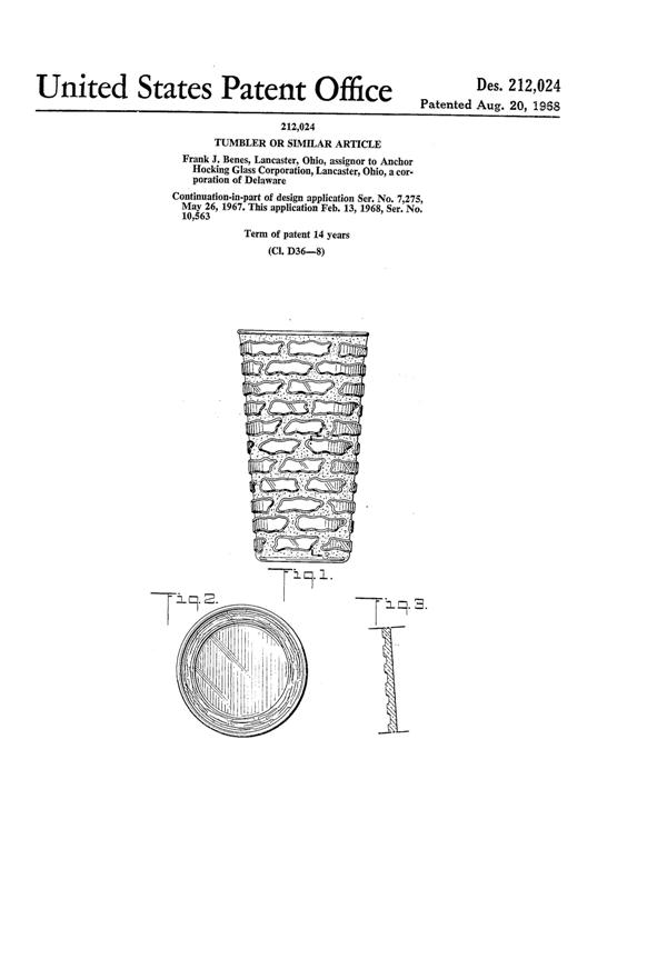 Anchor Hocking Tumbler Design Patent D212024-1