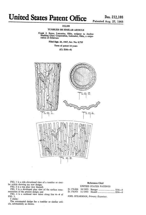 Anchor Hocking Tumbler Design Patent D212108-1
