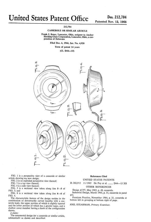 Anchor Hocking Fire-King Casserole Design Patent D212704-1