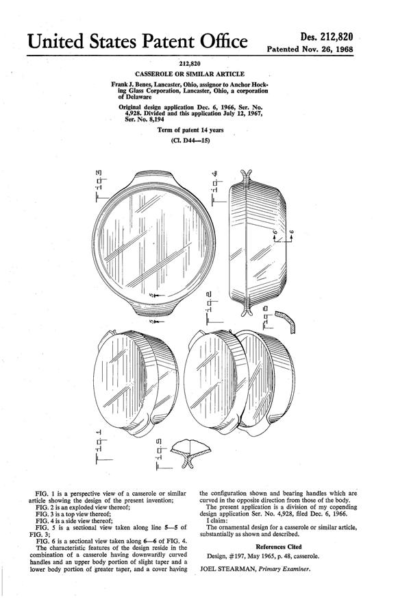 Anchor Hocking Fire-King Casserole Design Patent D212820-1