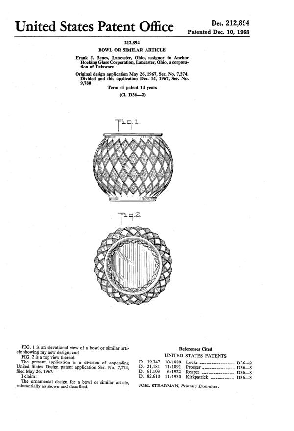 Anchor Hocking GemStone Bowl Design Patent D212894-1