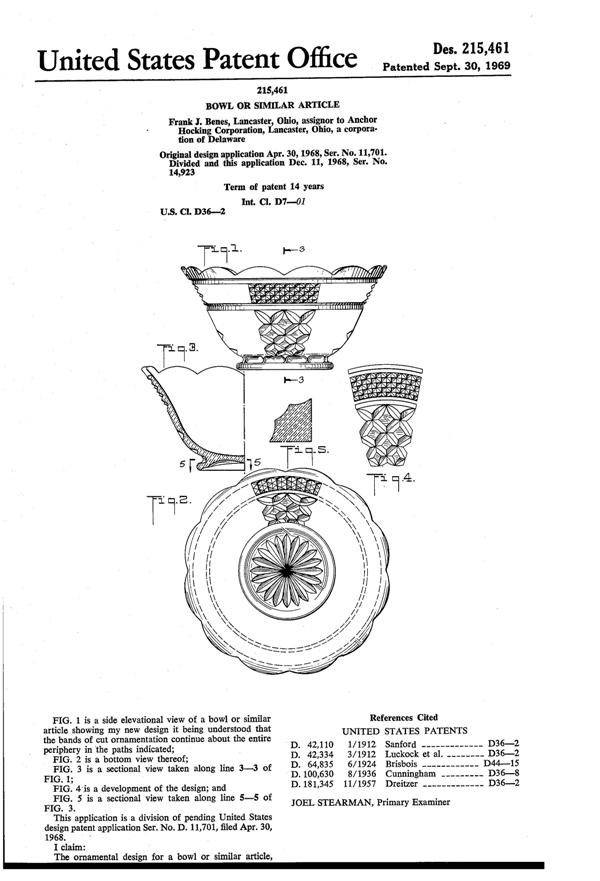 Anchor Hocking Wexford Bowl Design Patent D215461-1