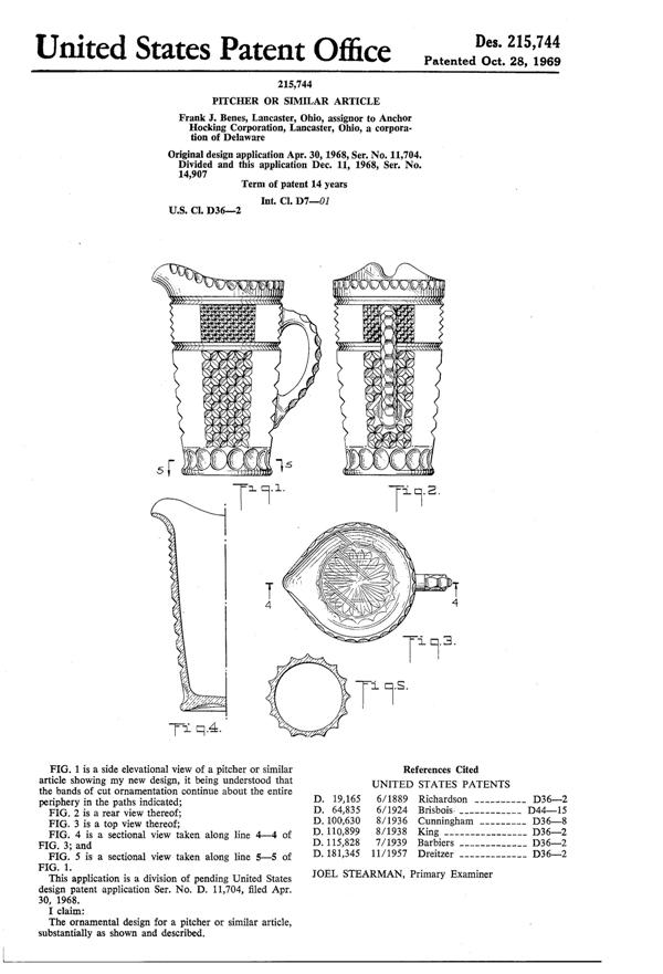 Anchor Hocking Wexford Pitcher Design Patent D215744-1