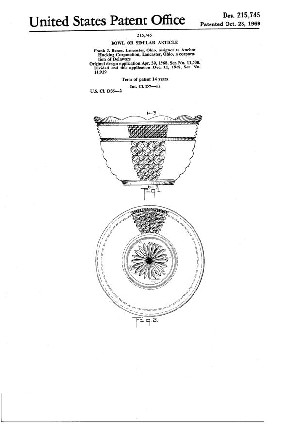 Anchor Hocking Wexford Bowl Design Patent D215745-1
