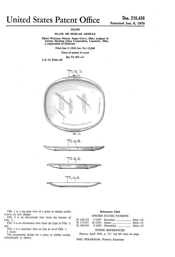 Anchor Hocking Plate Design Patent D216436-1