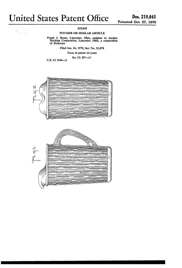Anchor Hocking Tahiti Pitcher Design Patent D219045-1