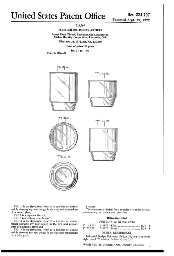 Anchor Hocking Athena Tumbler Design Patent D224797-1