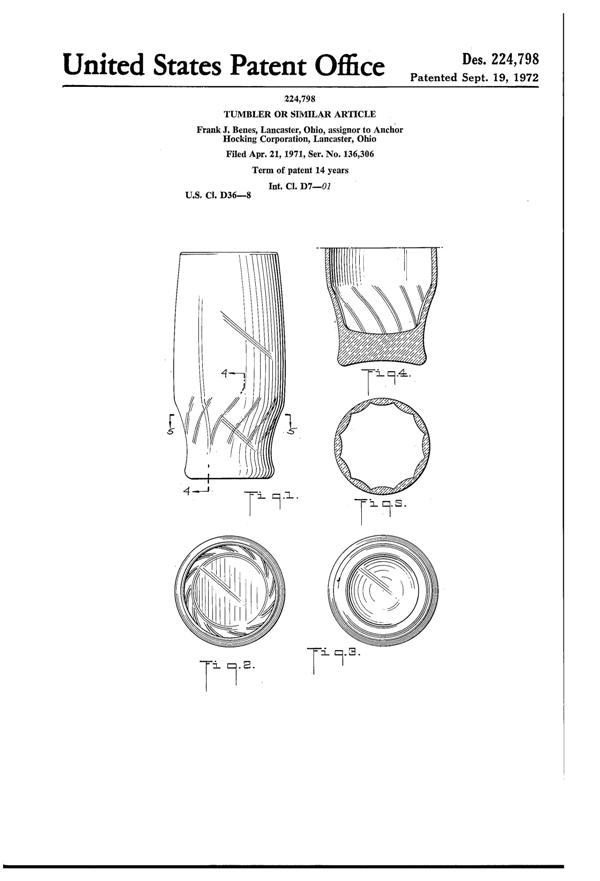 Anchor Hocking Tumbler Design Patent D224798-1
