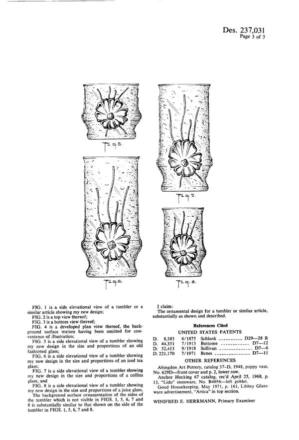 Anchor Hocking Rain Flower Tumbler Design Patent D237031-3