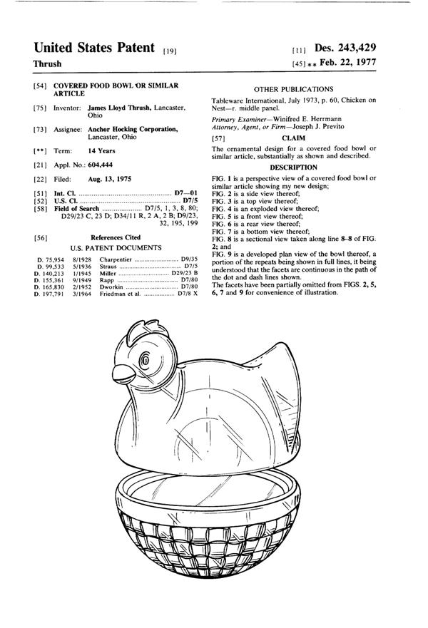 Anchor Hocking # 100/512 Chicken Set Design Patent D243429-1