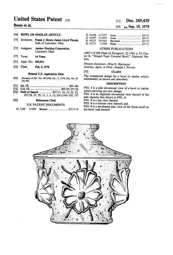 Anchor Hocking Rain Flower Cookie Jar Design Patent D249439-1