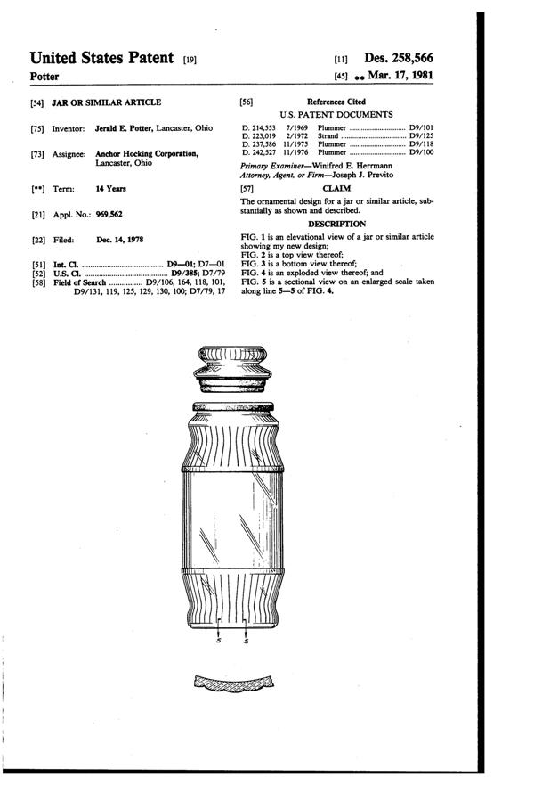 Anchor Hocking Apothecary Jar Design Patent D258566-1